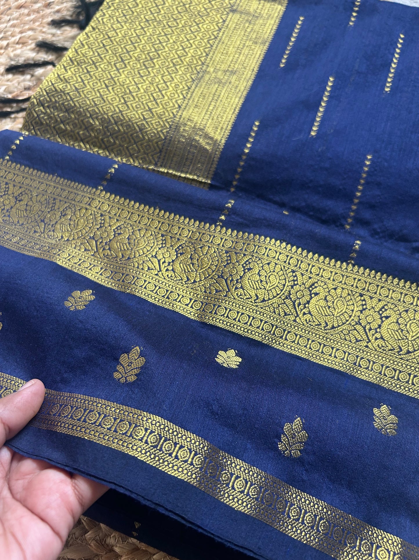 Navy Blue Handloom Silk Cotton Saree with Gold Zari Peacock Diamond Border