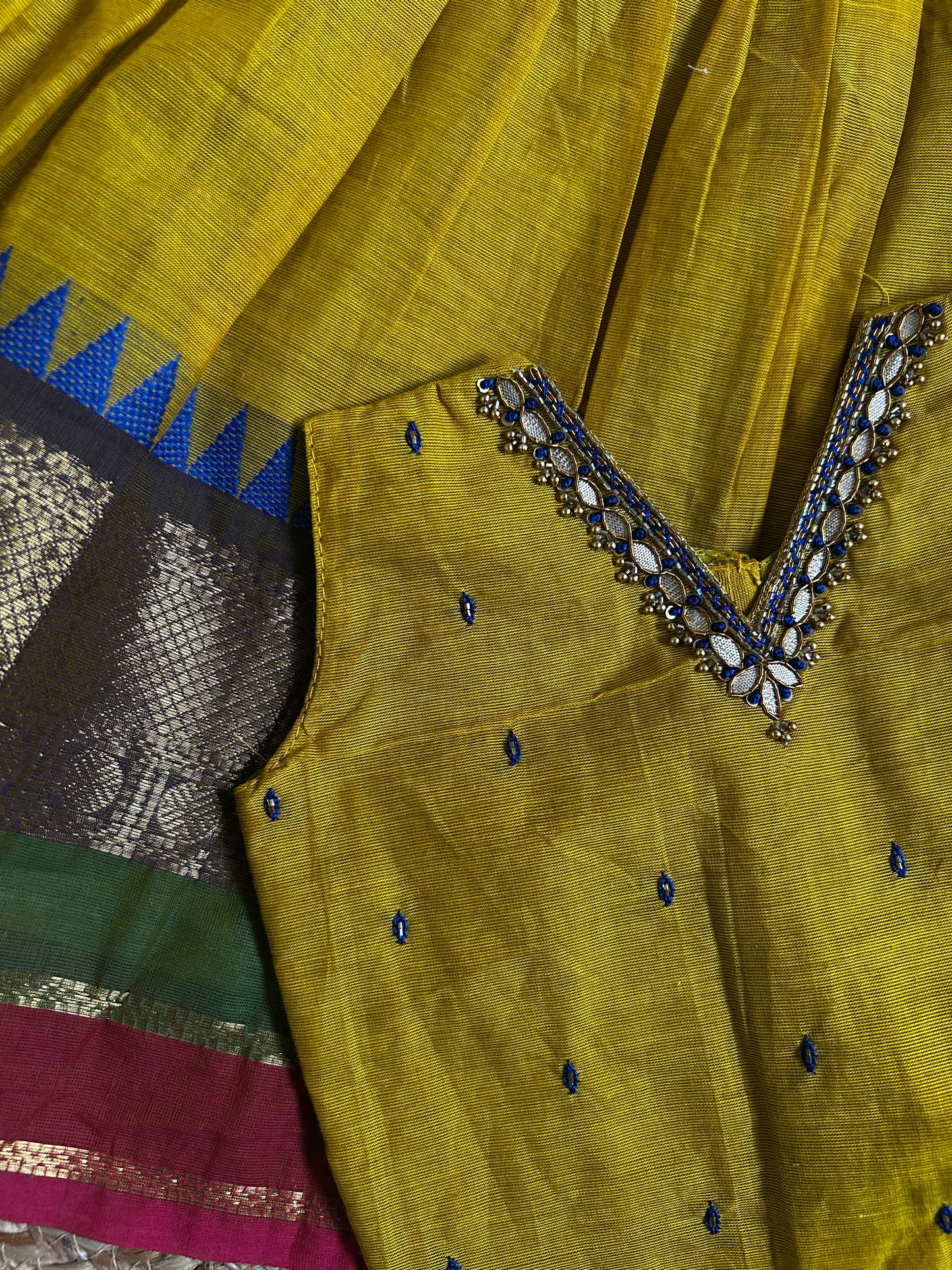 ಹಳದಿ (haladi) kanchi silk cotton sleeveless heritage langa blouse for baby girl