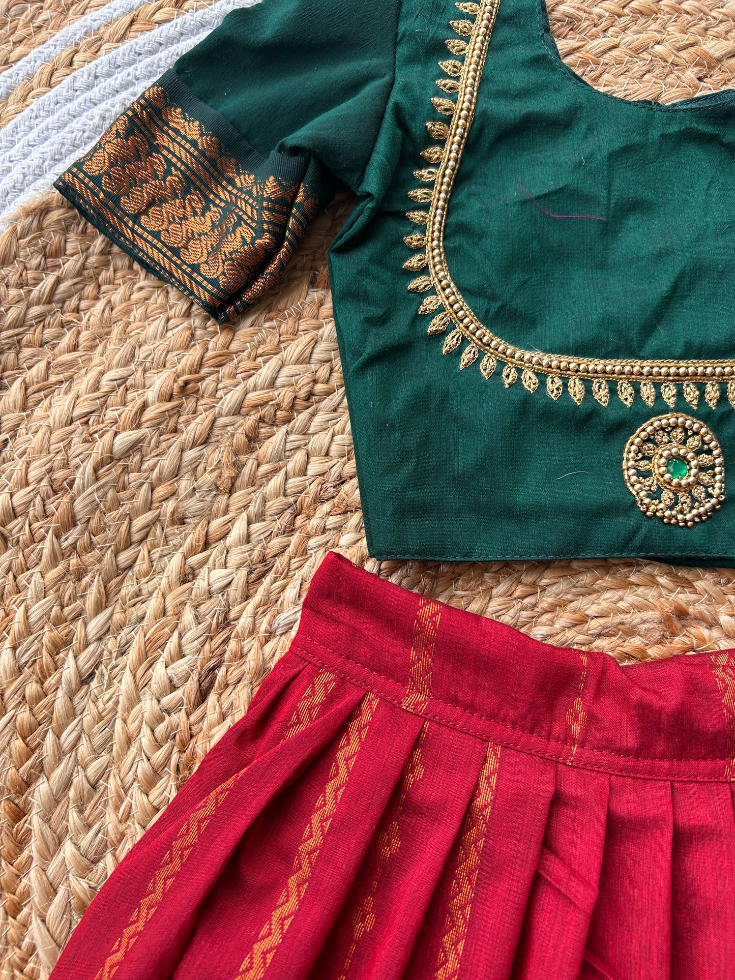 Little Lakshmi Traditional pavadai pure cotton with zari weaving and hand embroidery langa blouse set for baby girl