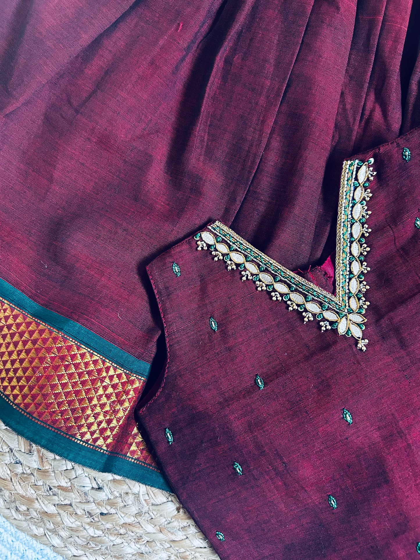 ಗಾಢ ಕೆಂಪು (Maroon) kanchi silk cotton sleeveless heritage langa blouse for baby girl