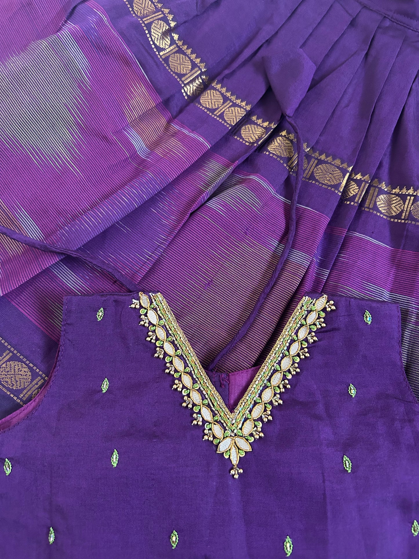 Pochampally border purple kanchi silk cotton sleeveless heritage langa blouse for baby girl