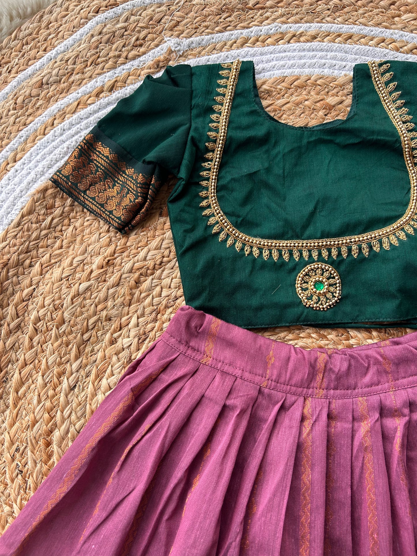Little Lakshmi Traditional pavadai pure cotton with zari weaving and hand embroidery langa blouse set for baby girl