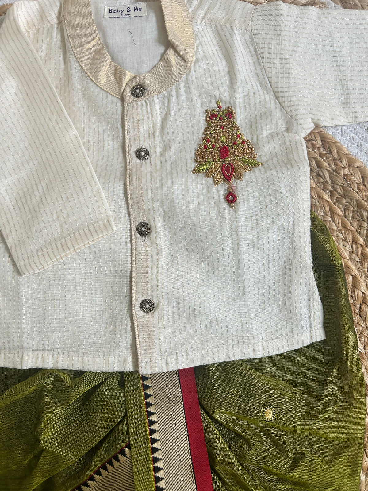 White with gold Traditional Temple Embroidered Kurta with Olive Green Dhoti for baby boy