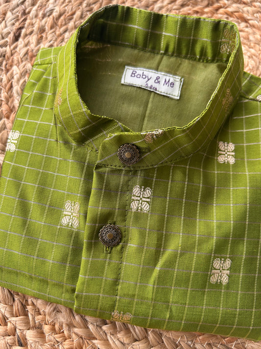 Olive green silk checks Kurta for baby boy ethnic top wear
