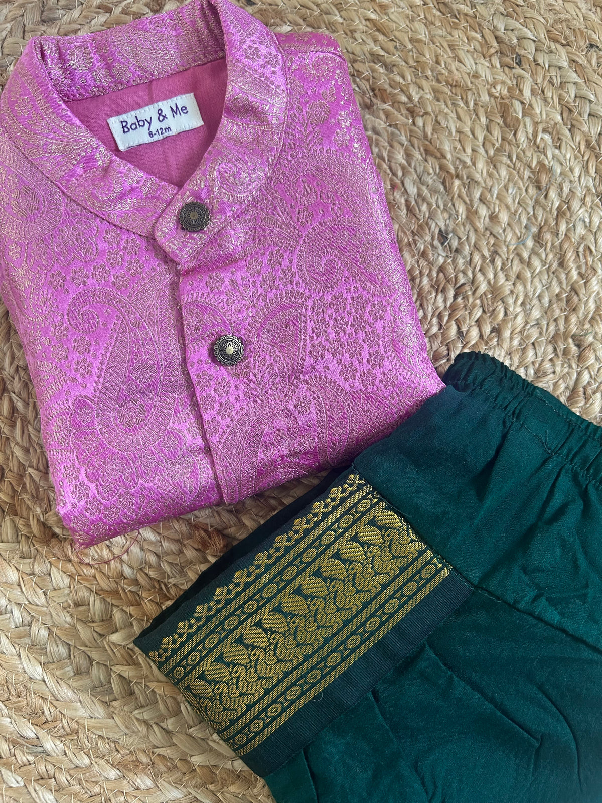 Gulabi Paisley Light Pink Banarasi kurta with traditional Bottle green dhoti ethnic wear for baby boy