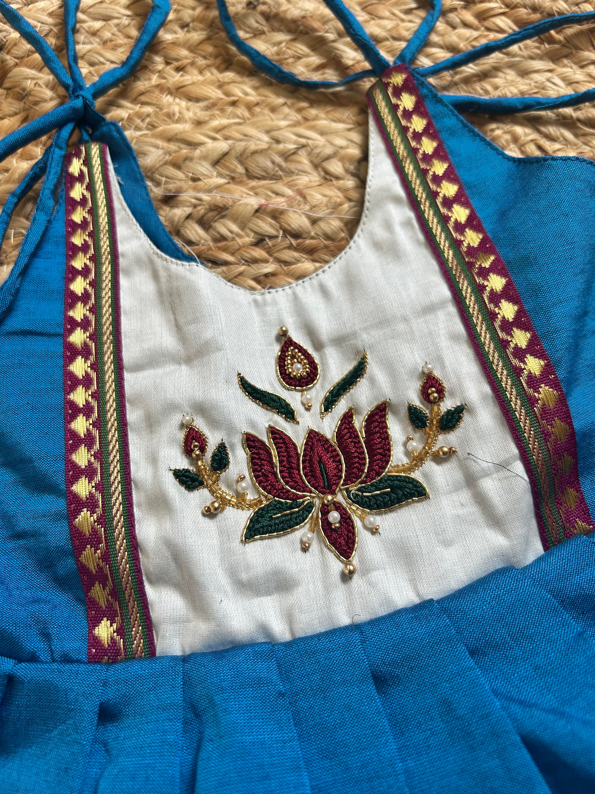Peacock Blue Lotus Embroidered Multi-Layered Ethnic Wear for Baby Girl – Traditional frock for Baby Girl