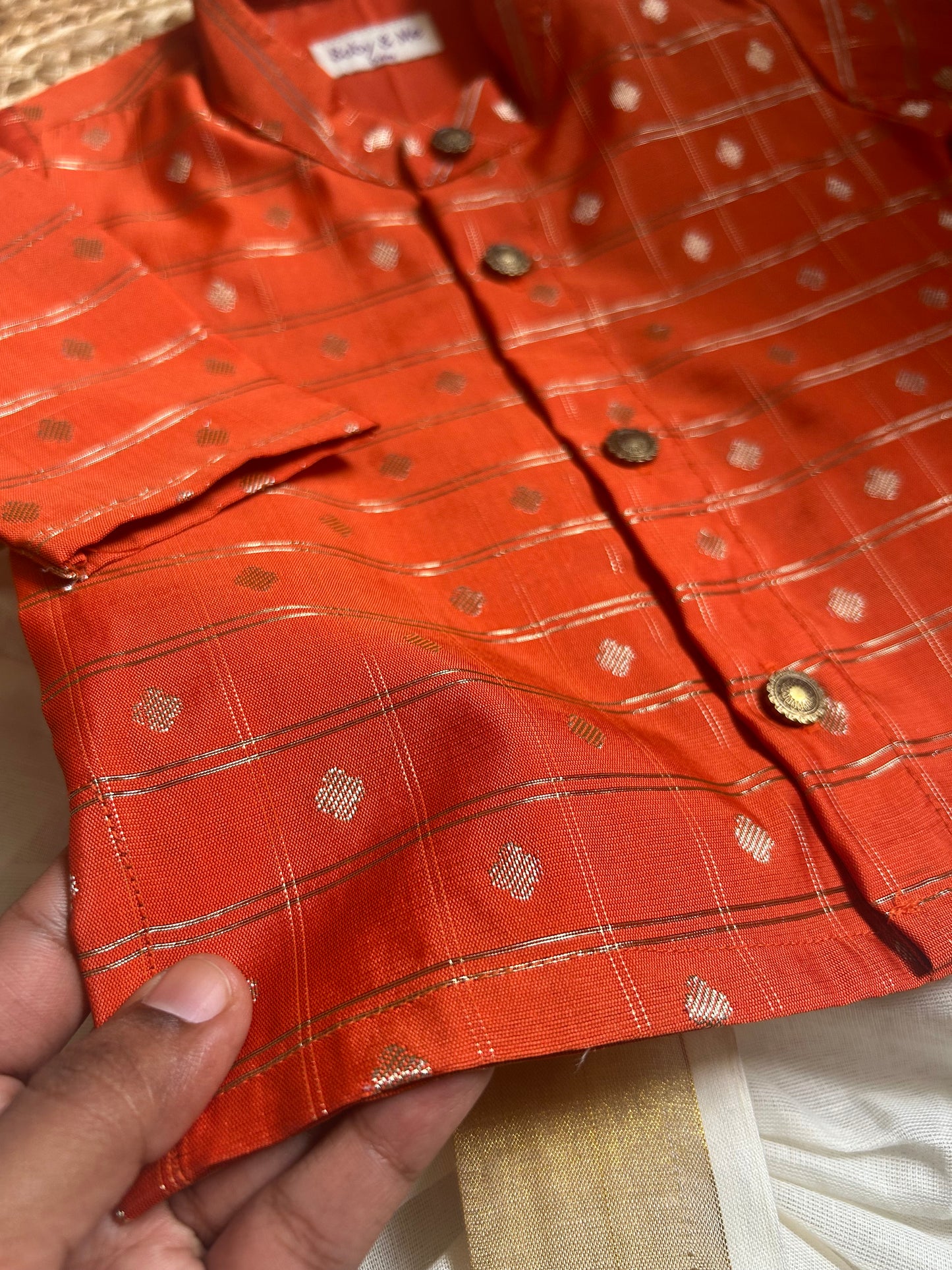 Reshme chowka orange with handloom cotton white with zari dhoti ethnic wear for baby boy