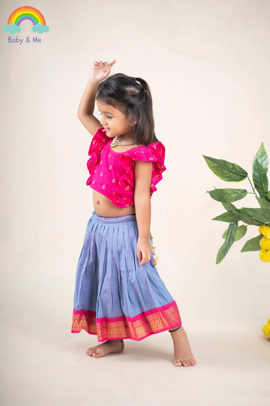 Hot pink ruffle sleeves blouse with unicorn langa - lehenga ethnic traditional wear for baby girl