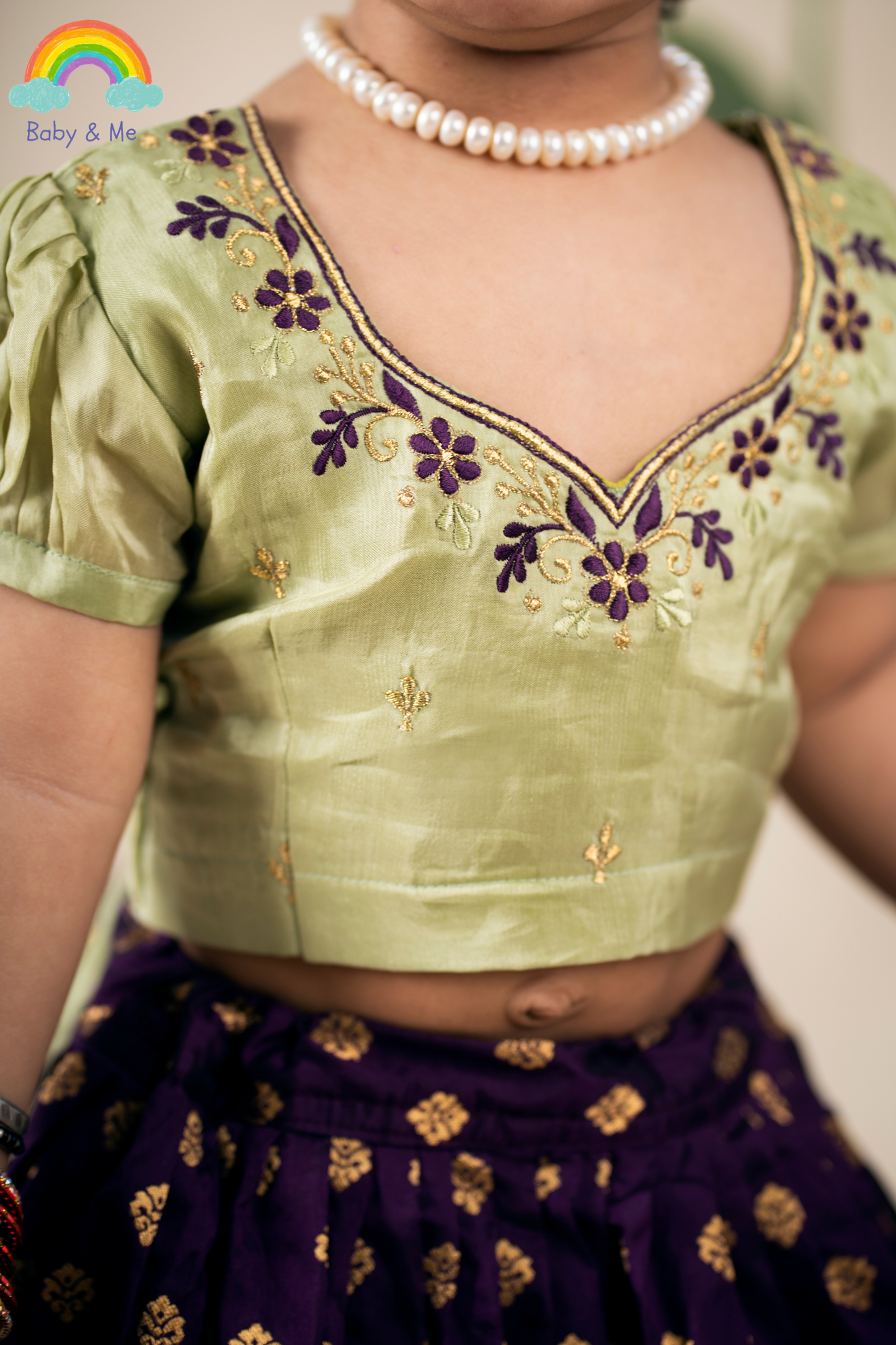 Pista green with wine'ish - purple silk south indian ethnic wear langa blouse for baby girl