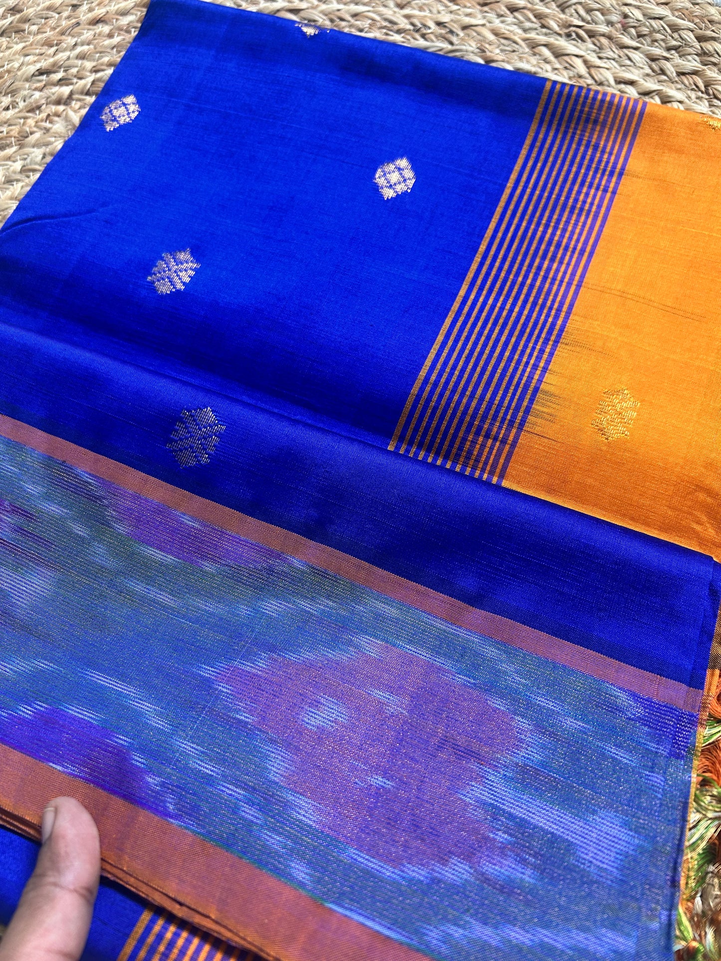 Royal Blue Handloom Silk Cotton Saree with Multicolor Ikat Pallu