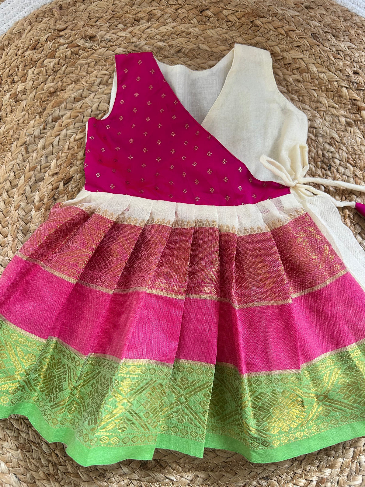 Mul cotton White & Pink Angrakha-Style  Ethnic Wear for Baby Girl – Traditional frock for Baby Girl