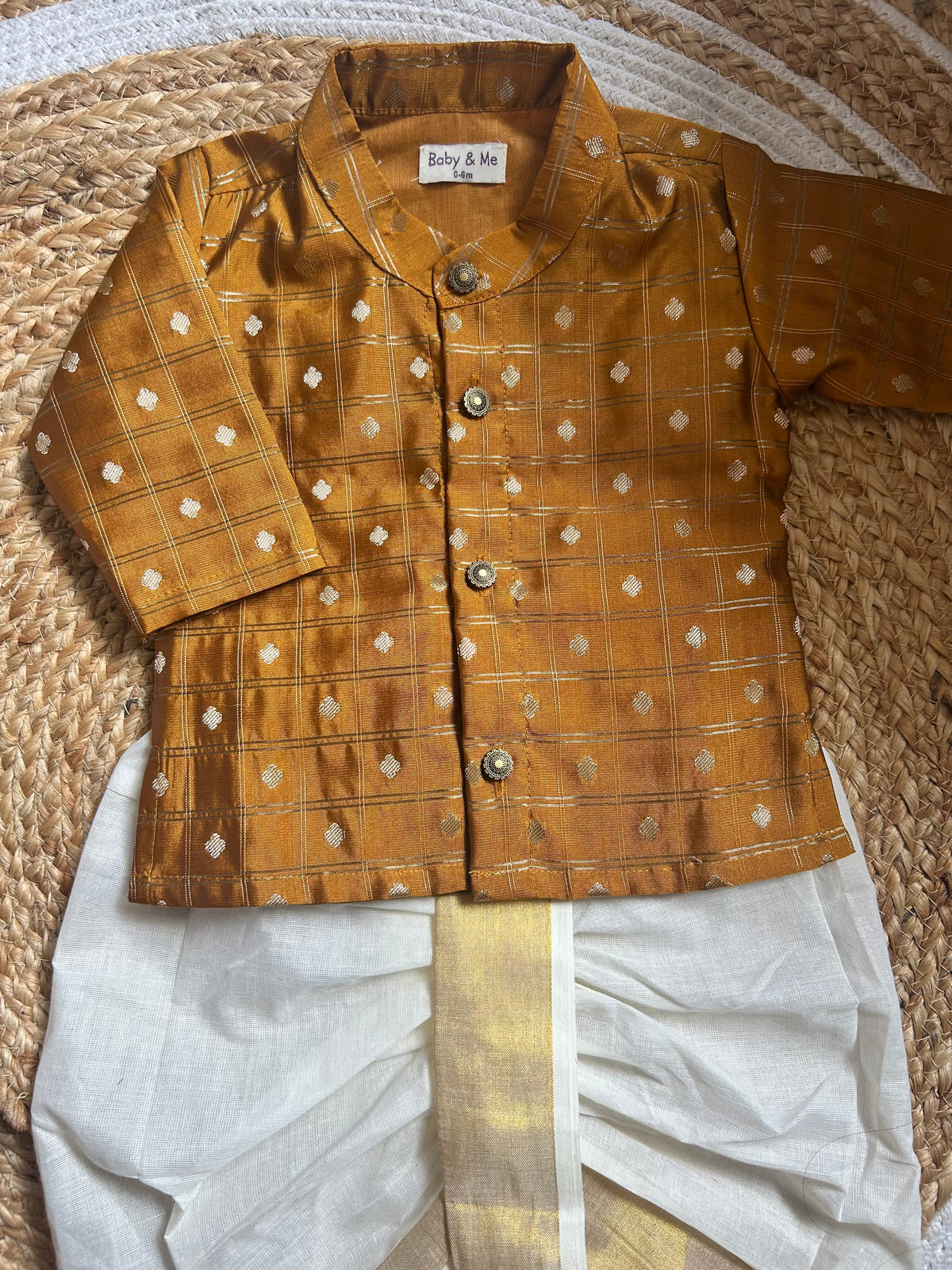 Honey gold with cream reshme chowka Kurta Dhoti for baby boy - Festive Collection