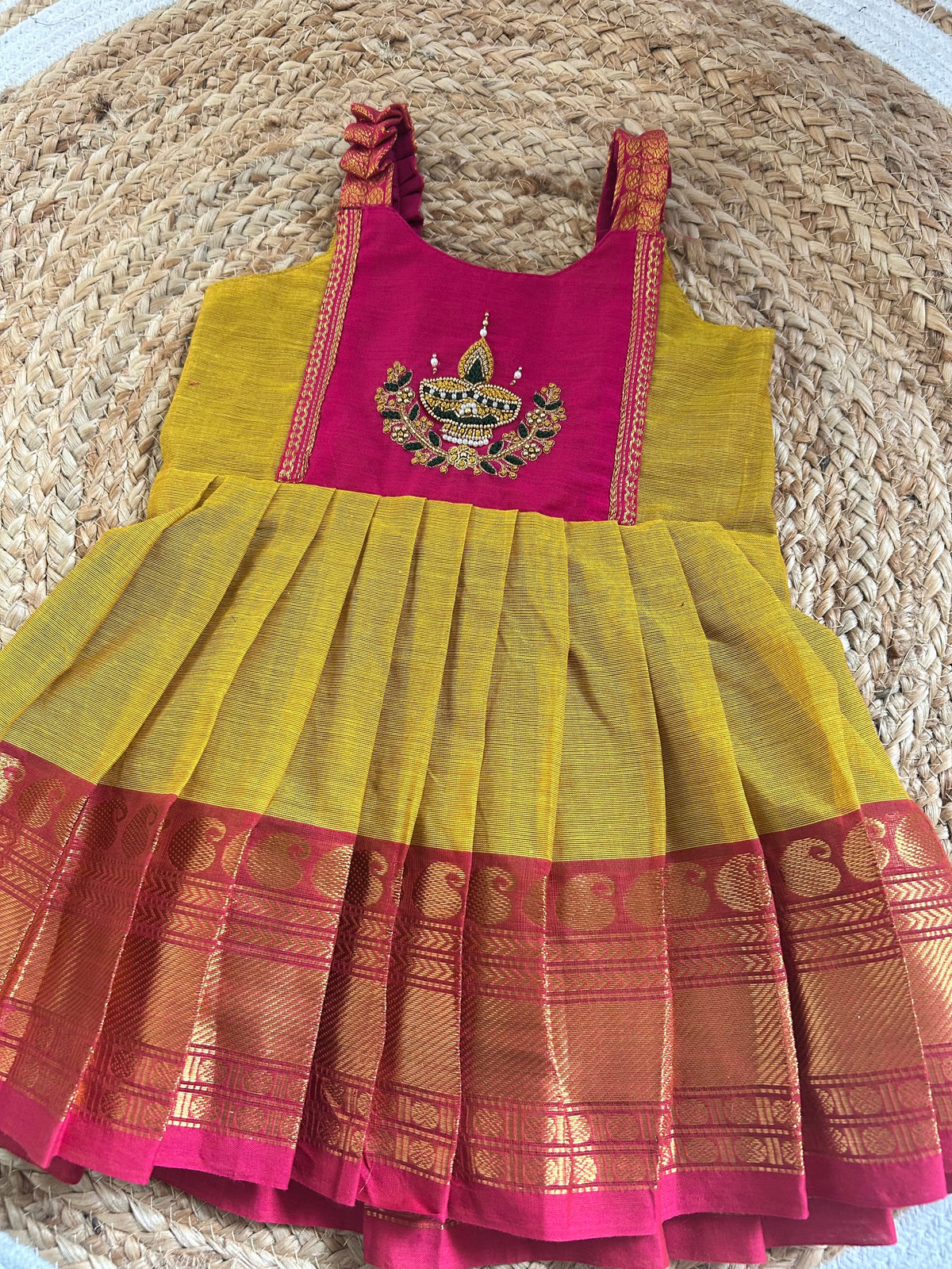 Turmeric yellow with pink Diya Embroidery Ethnic Wear for Baby Girl – Traditional frock for Baby Girl