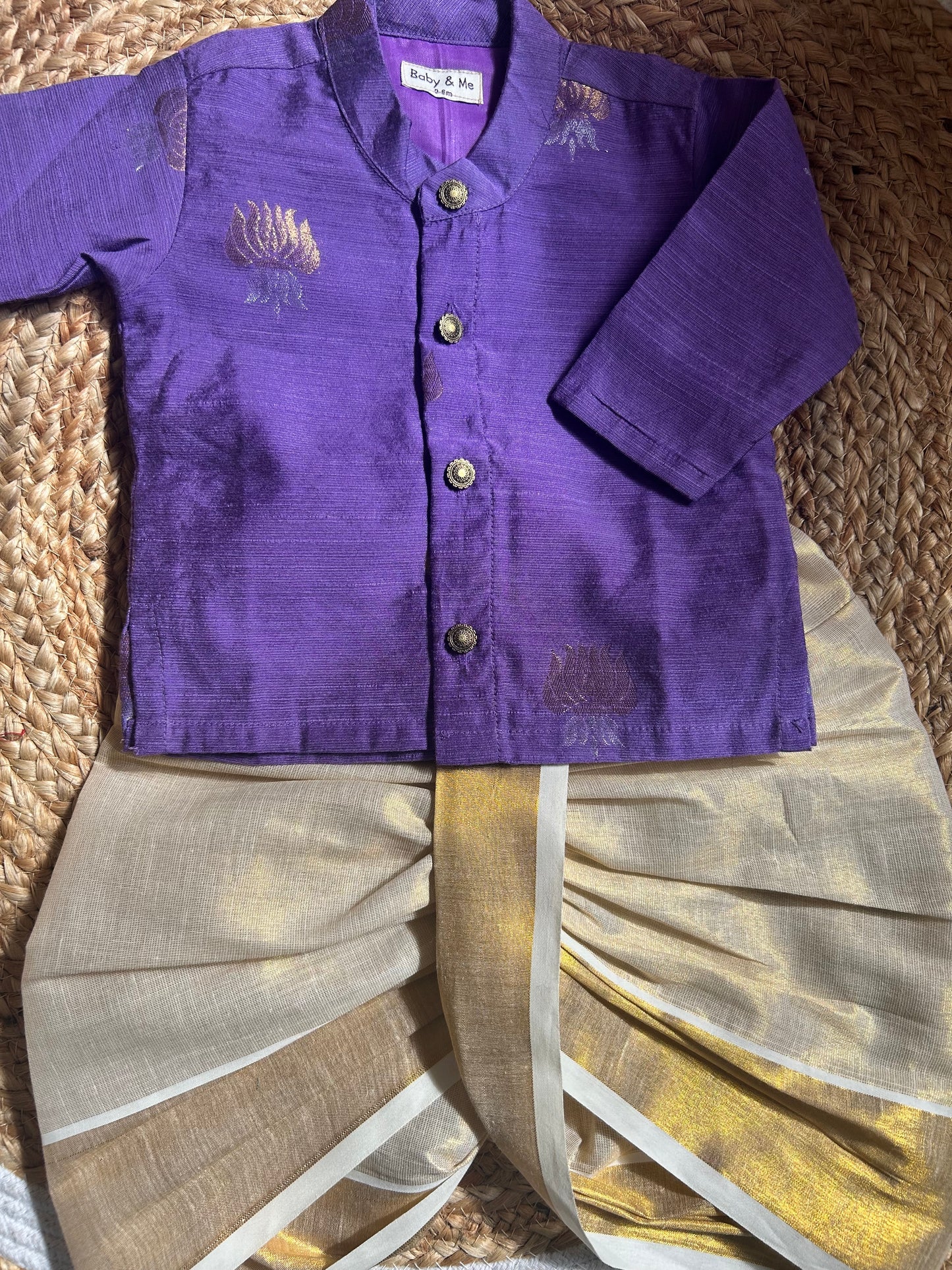 Purple lotus weave cotton silk kurta with gold Dhoti for Boys – Traditional South Indian Ethnic Wear for Baby Boy