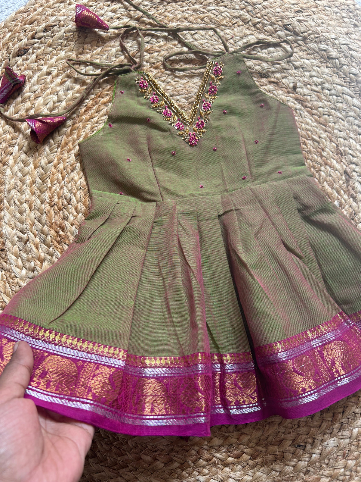 Saraswati - Kanchi border green handloom cotton sleeveless heritage frock for baby girl