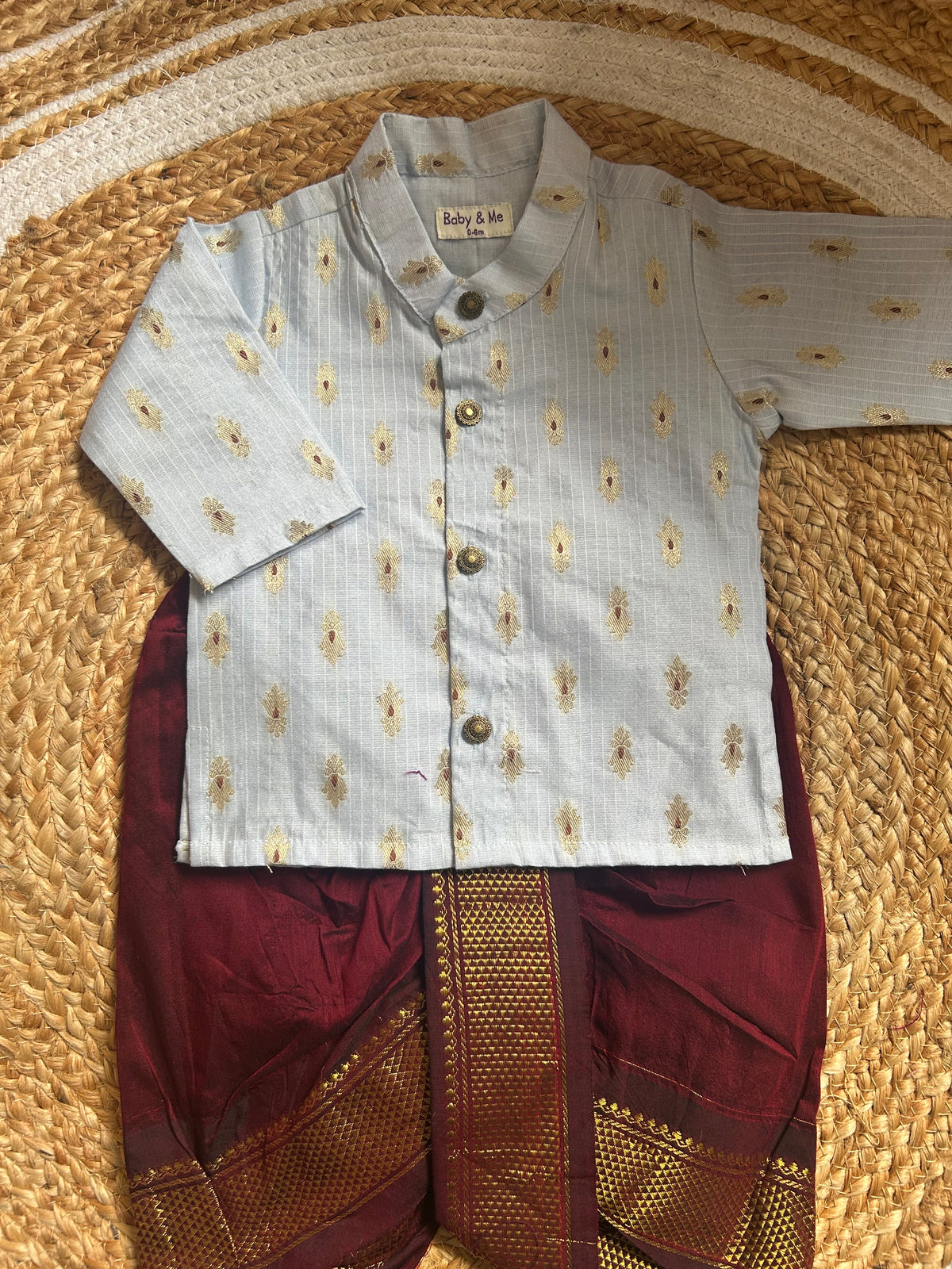 Blue banarasi cotton kurta with zari weave and maroon  Dhoti for Boys – Traditional Ethnic Wear for Baby Boy