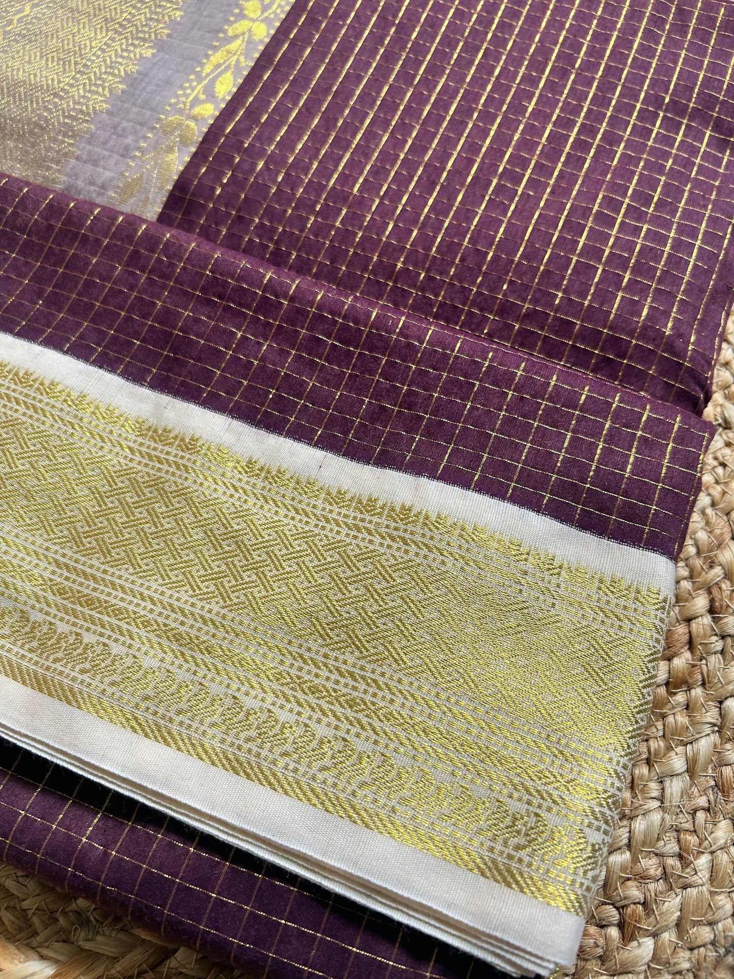 Chocolate & Ivory Handloom Silk Cotton Saree with Gold Zari Border