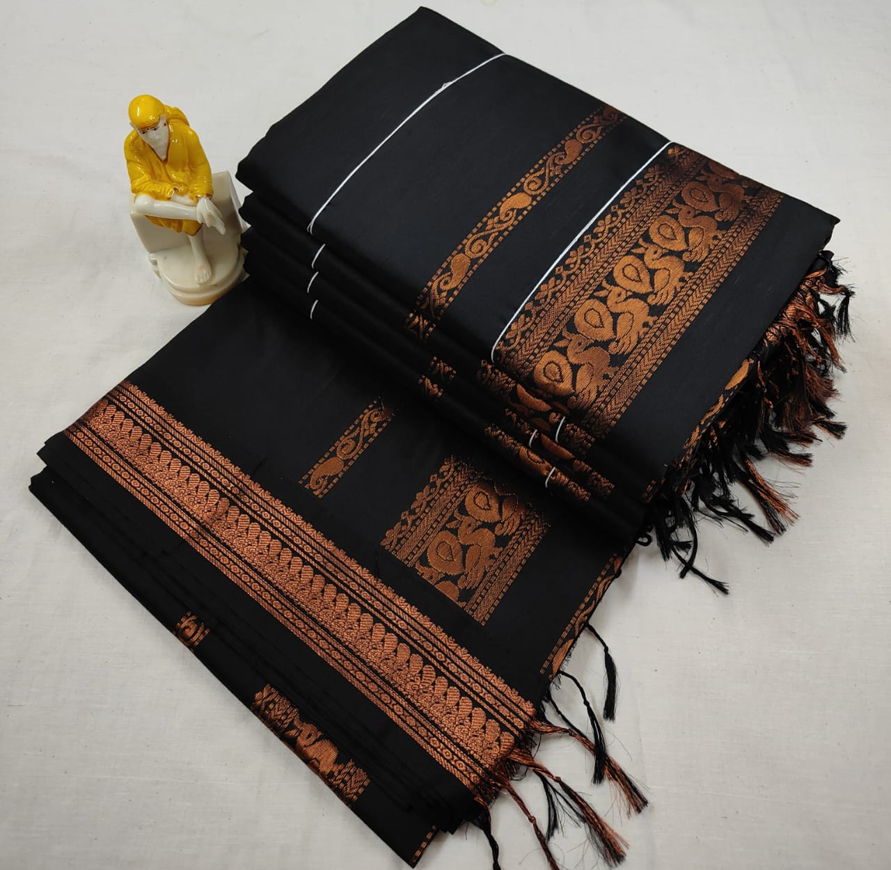 Black with copper zari border - Premium Cotton Silk Saree with Contrast Blouse