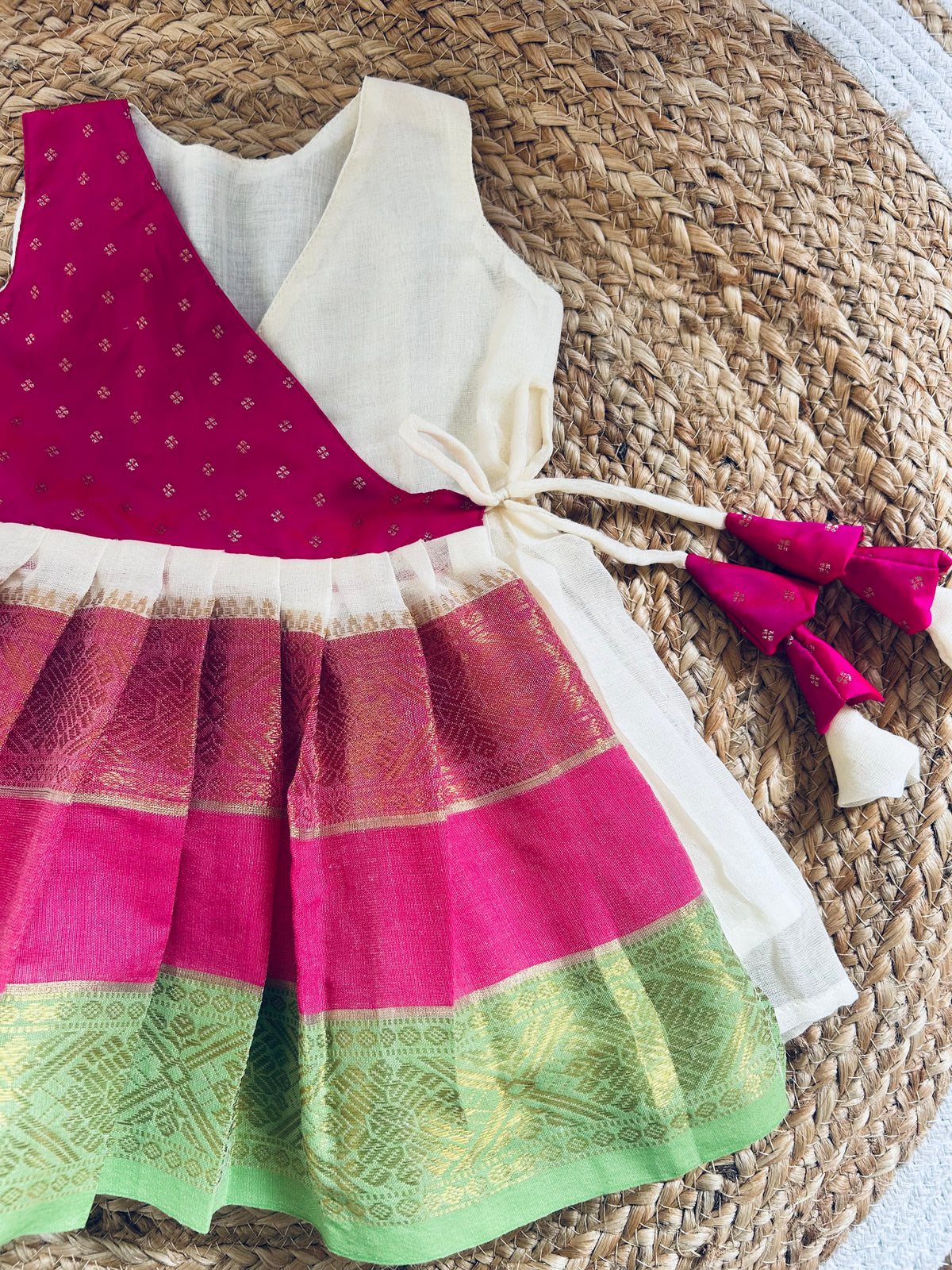 Mul cotton White & Pink Angrakha-Style  Ethnic Wear for Baby Girl – Traditional frock for Baby Girl