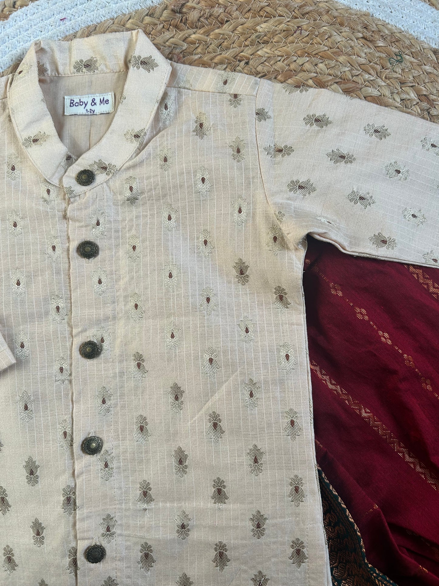 Peach banarasi chanderi and red with bottle green Dhoti for Boys – Traditional Ethnic Wear for Baby Boy