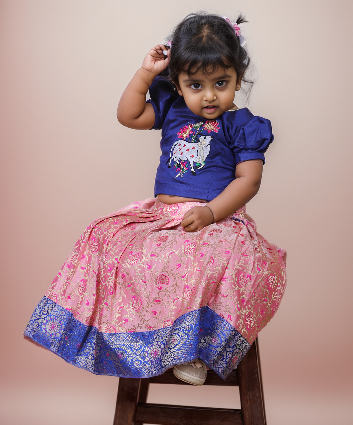 Peachish pink and navy blue traditional langa blouse kamadenu cow embroidered zari border ethnic wear pattu pavadai silk for baby girl