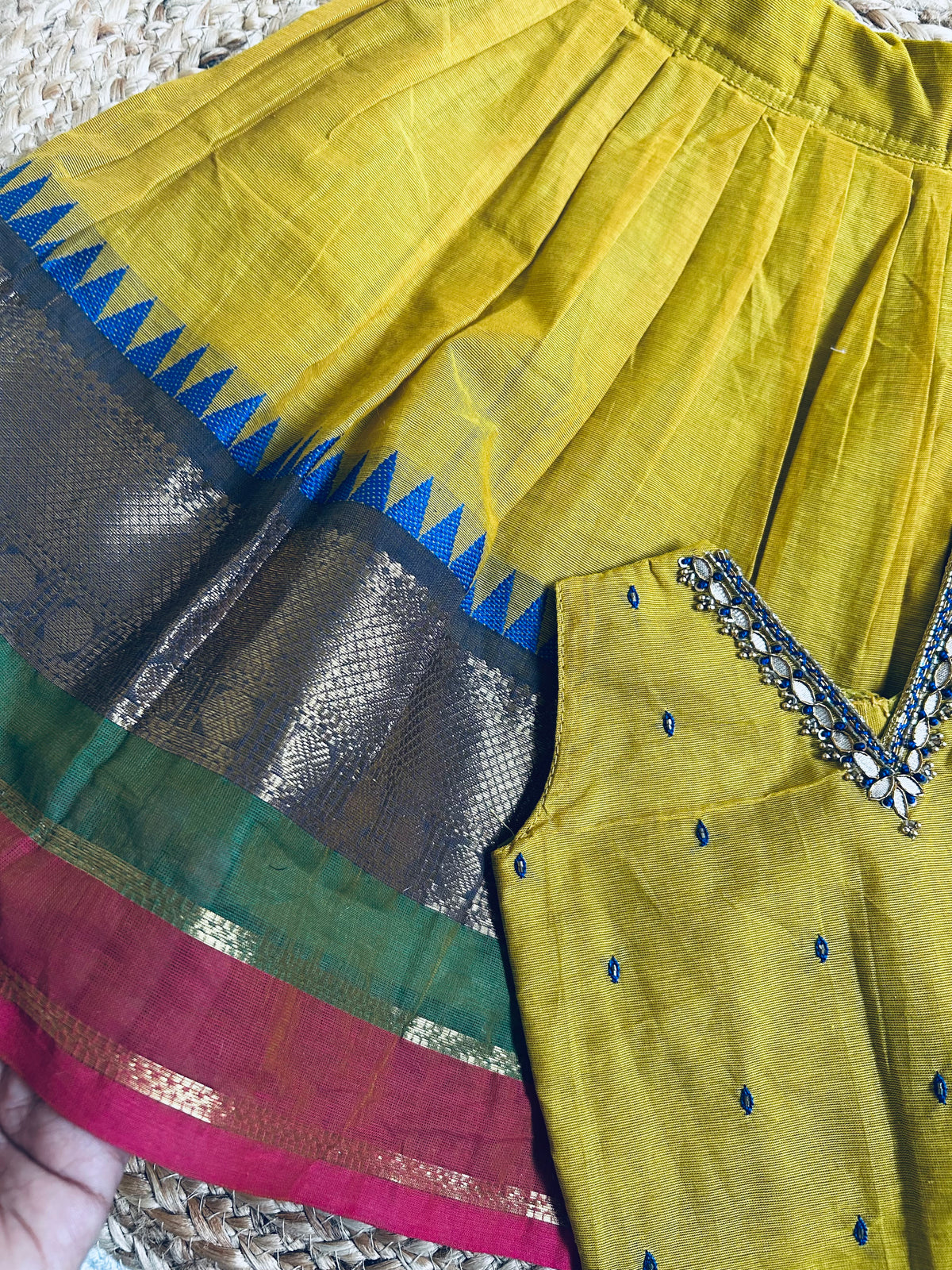 ಹಳದಿ (haladi) kanchi silk cotton sleeveless heritage langa blouse for baby girl