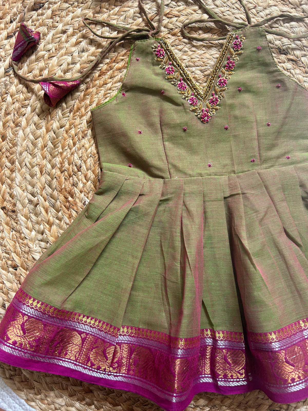 Saraswati - Kanchi border green handloom cotton sleeveless heritage frock for baby girl