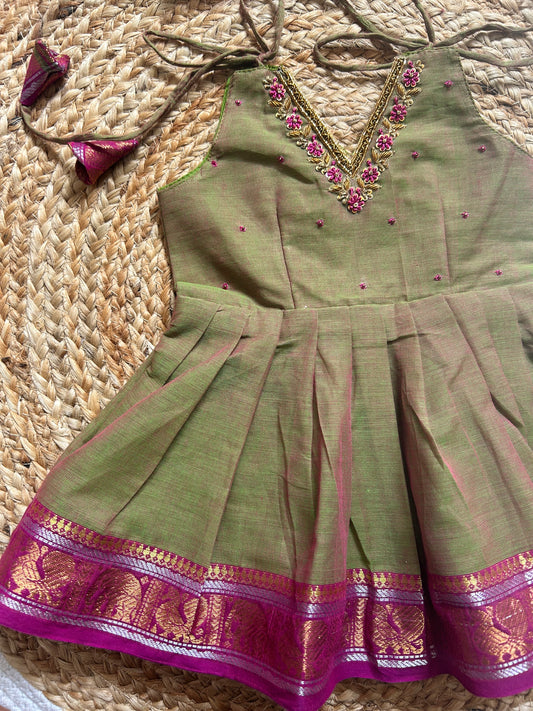 Saraswati - Kanchi border green handloom cotton sleeveless heritage frock for baby girl