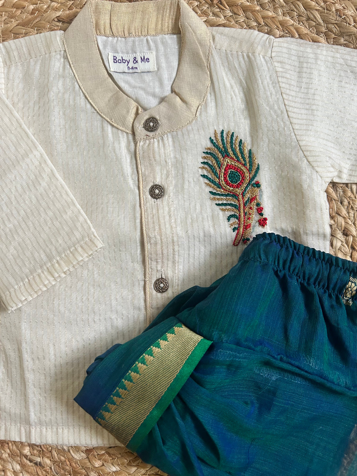 White with Gold Traditional Peacock Feather Embroidery with Peacock Blue Dhoti  for baby boy