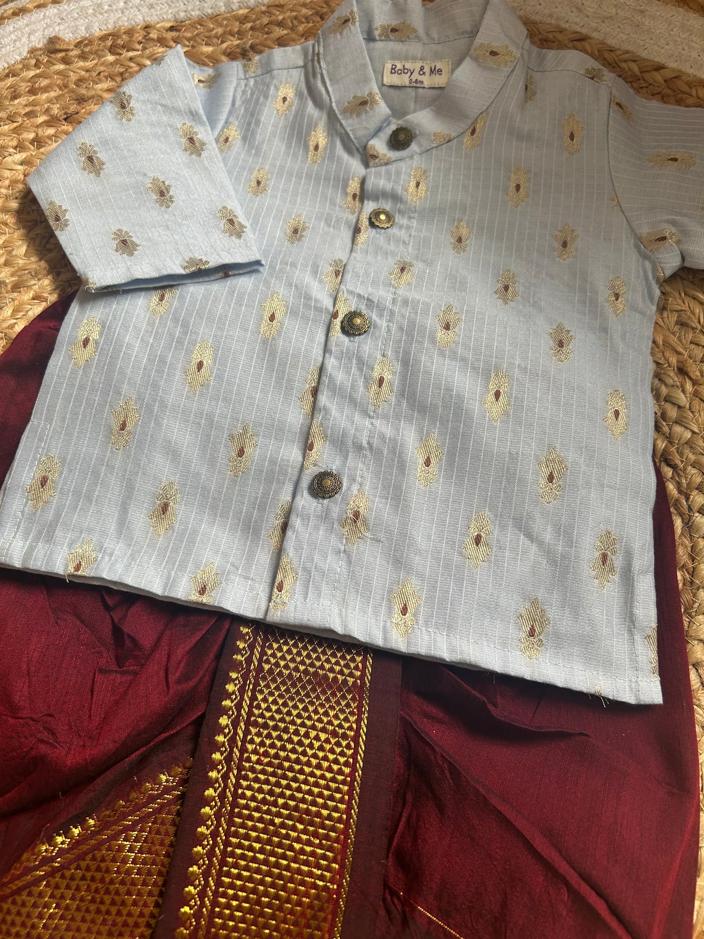 Blue banarasi cotton kurta with zari weave and maroon  Dhoti for Boys – Traditional Ethnic Wear for Baby Boy
