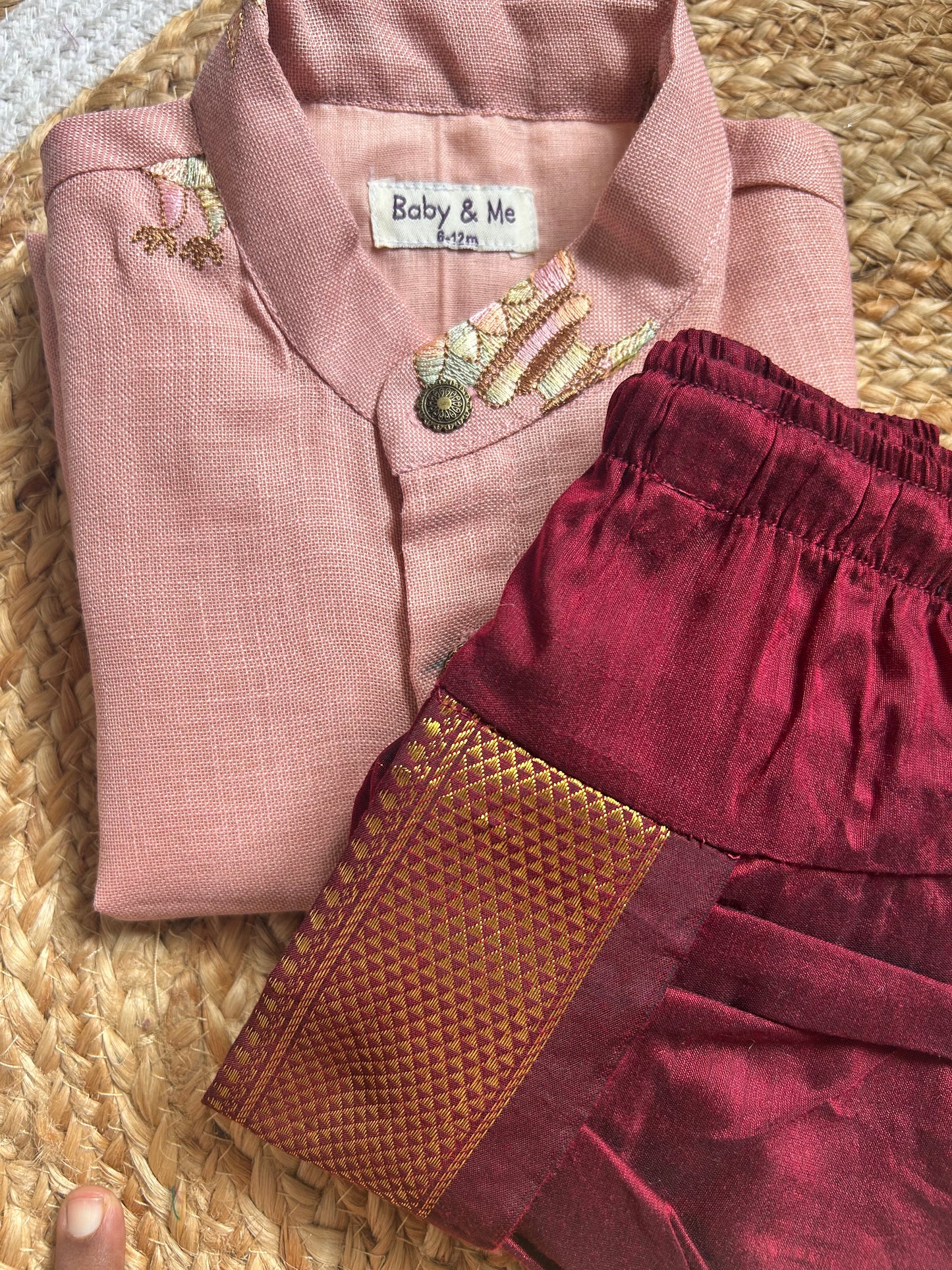 Pure Linen Pastel pink and maroon cotton Kurta Dhoti ethnic wear for baby boy