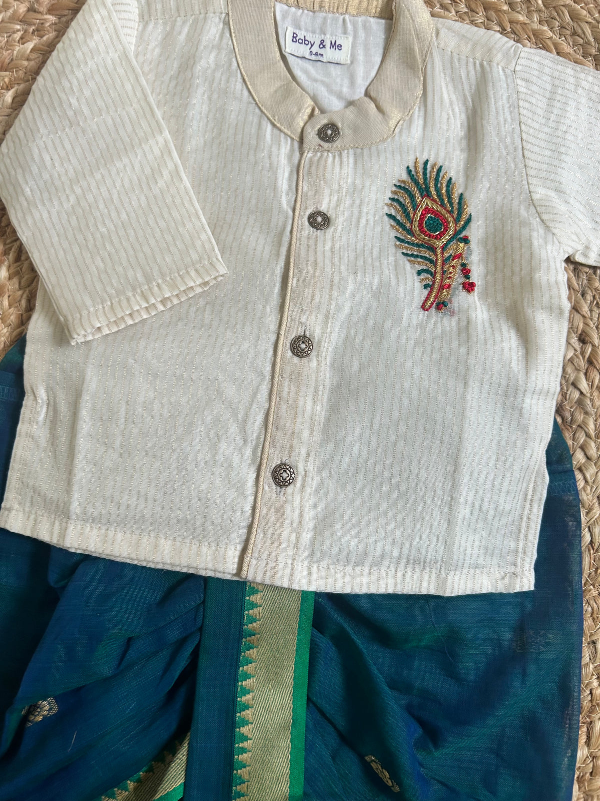 White with Gold Traditional Peacock Feather Embroidery with Peacock Blue Dhoti  for baby boy