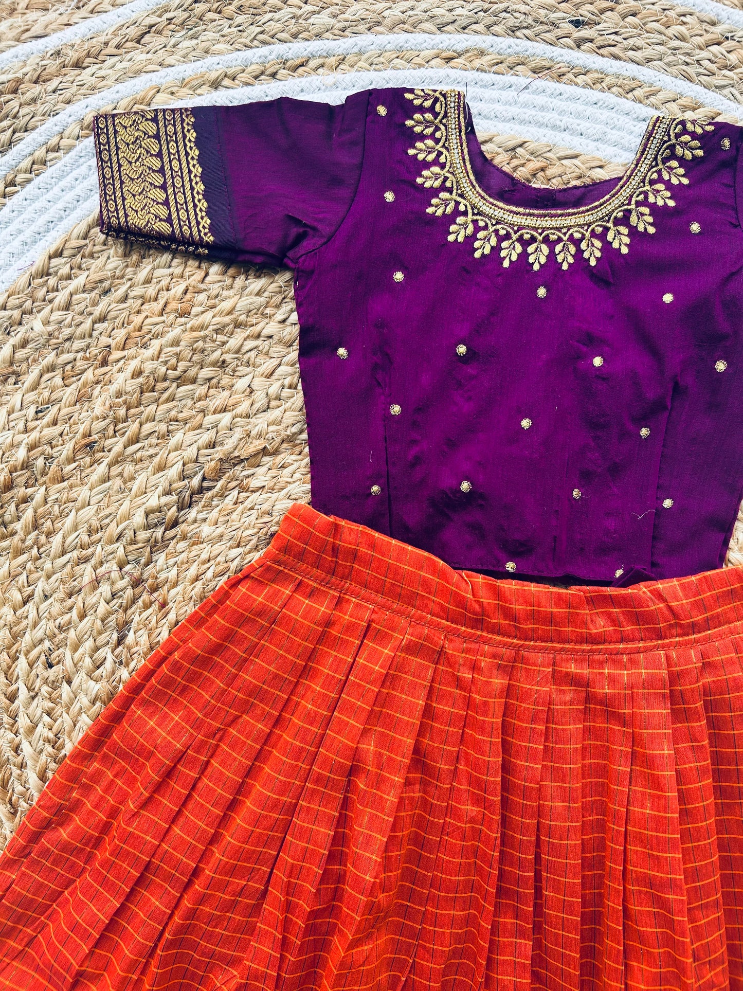 Embroideried Traditional langa blouse / pavadai rust orange with wine for baby girl