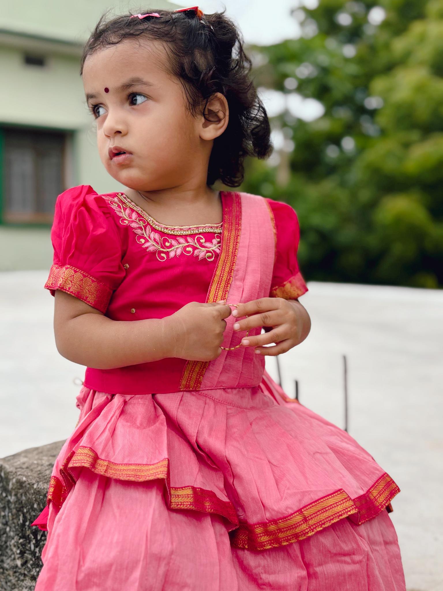 kids ethnic wear, pattu pavadai for kids, traditional dress for baby girl, ethnic wear for girls, pattu langa blouse designs for kids​, baby lehenga, baby lehenga, 1st birthday dress for baby girl​, baby langa blouse, lehenga choli for girls, indian dresses for girls, traditional dress for girls