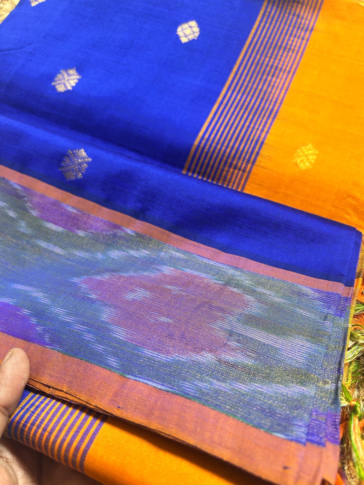 Royal Blue Handloom Silk Cotton Saree with Multicolor Ikat Pallu