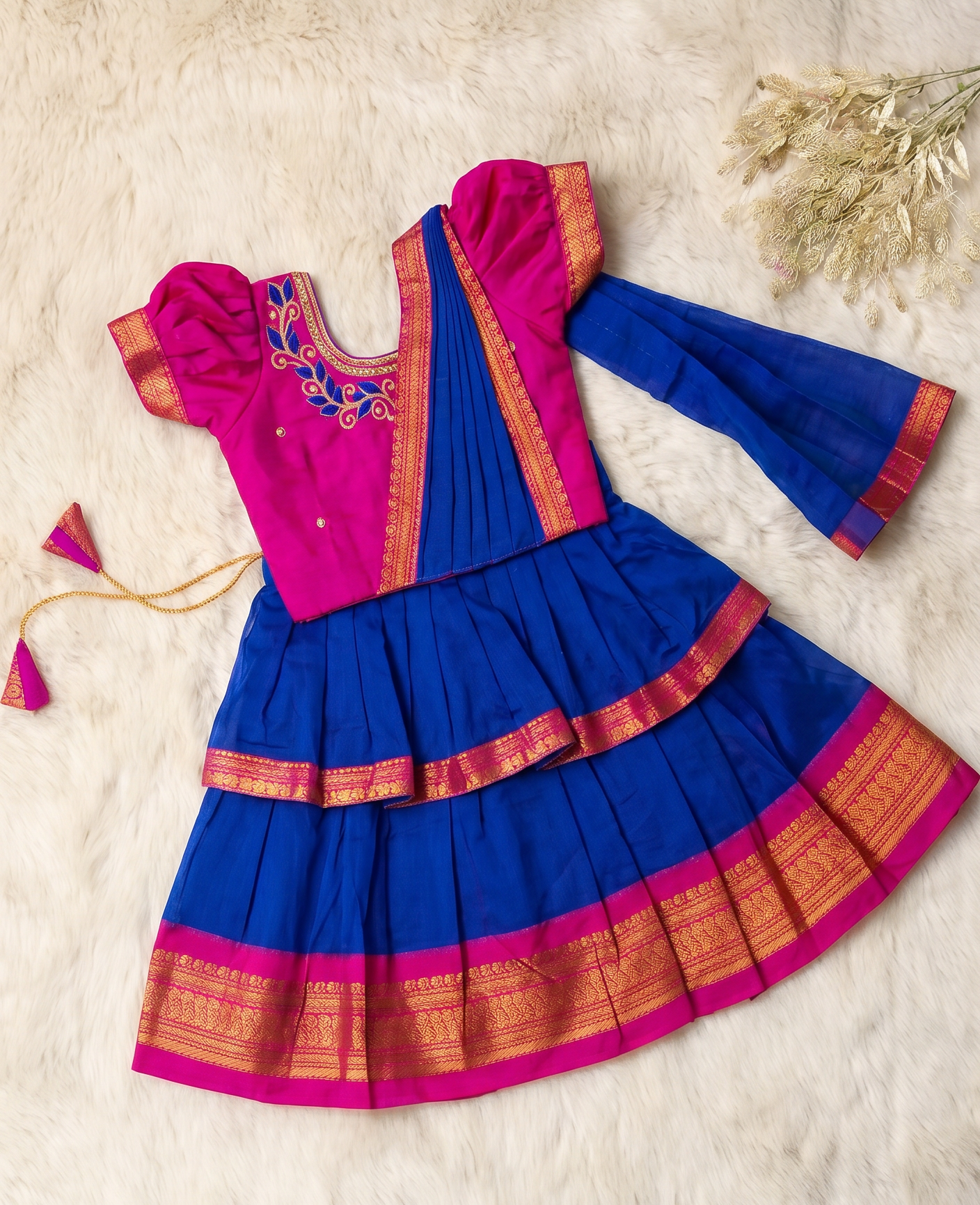 Royal blue with pink traditional Ready to wear saree for Baby Girl /  Kids