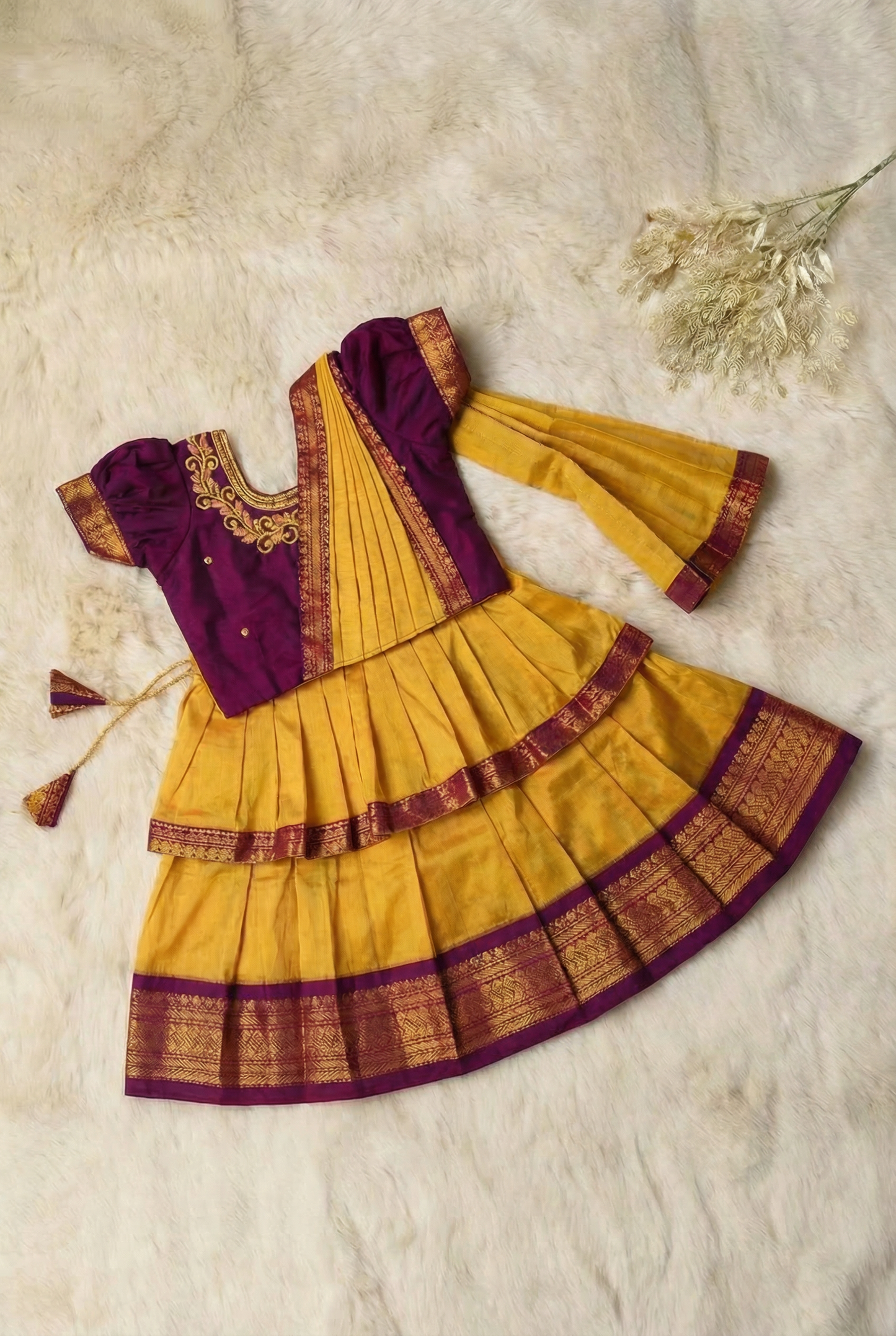 Mustard yellow and wine traditional Ready to wear saree for Baby Girl /  Kids