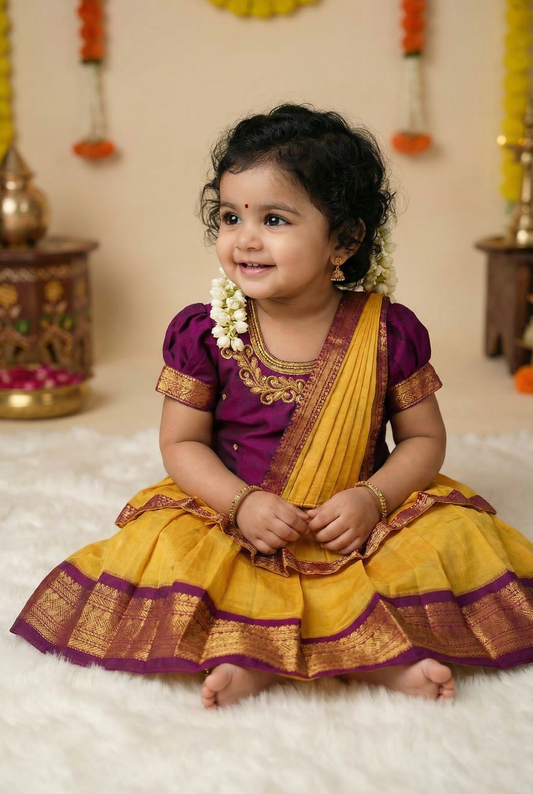 Mustard yellow and wine traditional Ready to wear saree for Baby Girl /  Kids