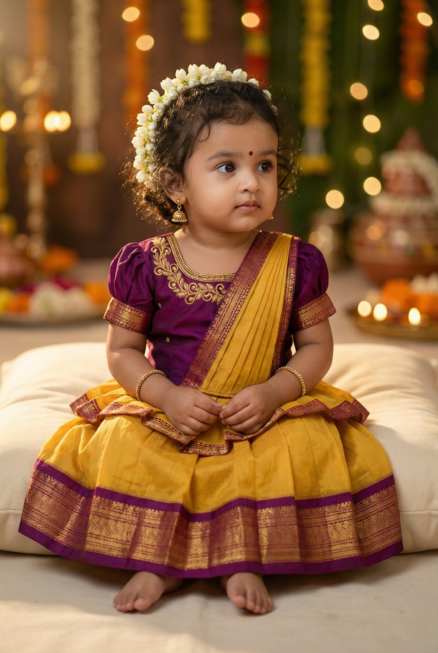 Mustard yellow and wine traditional Ready to wear saree for Baby Girl /  Kids