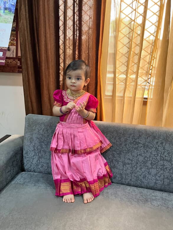 Baby pink and festive pink traditional Ready to wear saree for kids