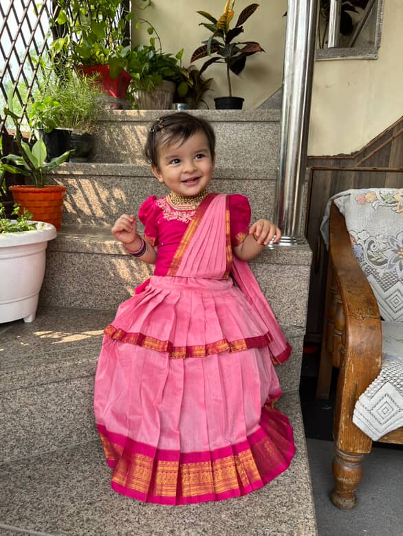 Baby pink and festive pink traditional Ready to wear saree for kids