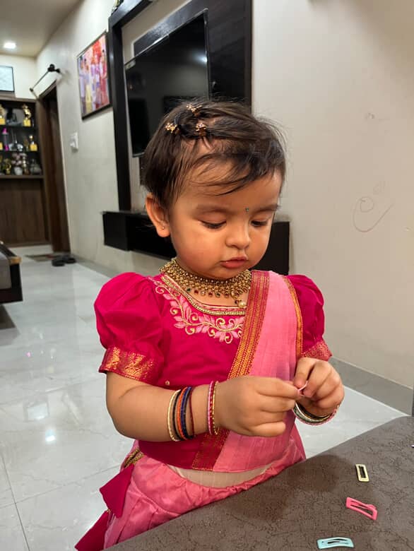 Baby pink and festive pink traditional Ready to wear saree for kids