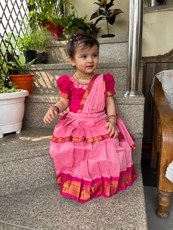 Baby pink and festive pink traditional Ready to wear saree for kids