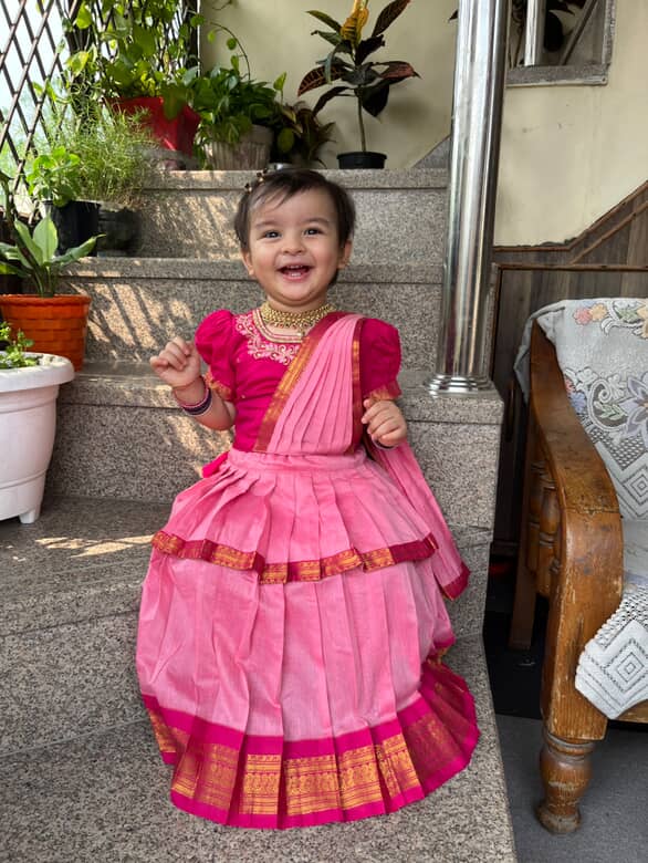 Baby pink and festive pink traditional Ready to wear saree for kids