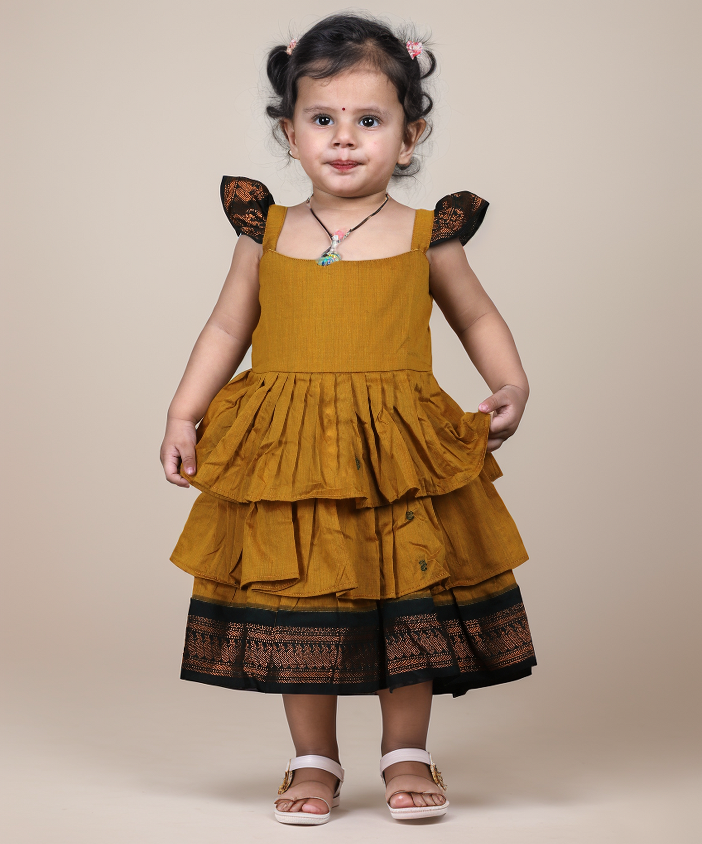 Turmeric yellow and deepest green - Cotton Silk 3 Layered South Indian Ethnic Frock for Baby Girl