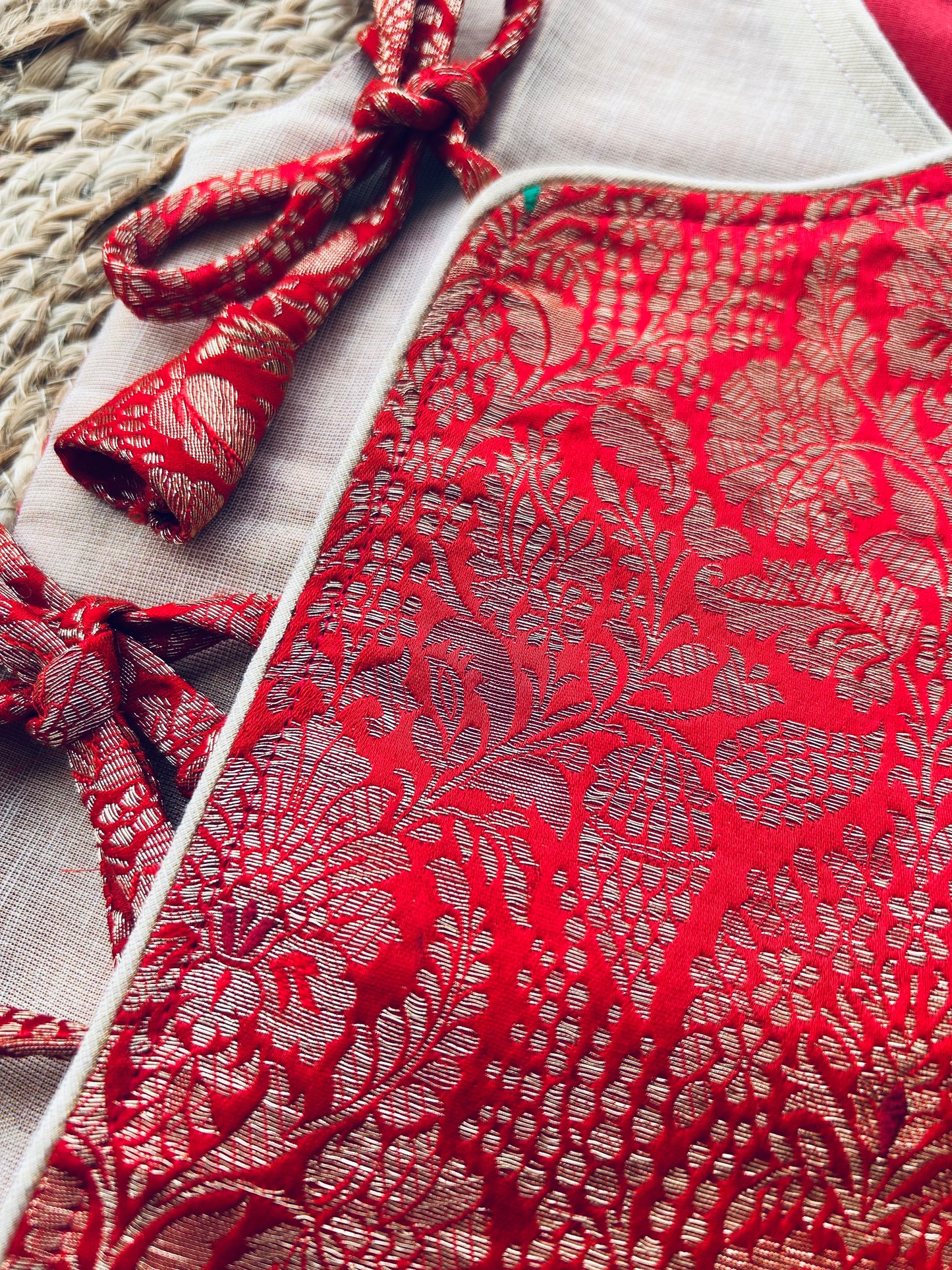 Red Banarasi angrakha with gold tissue dhoti comfortable ethnic wear for baby boy