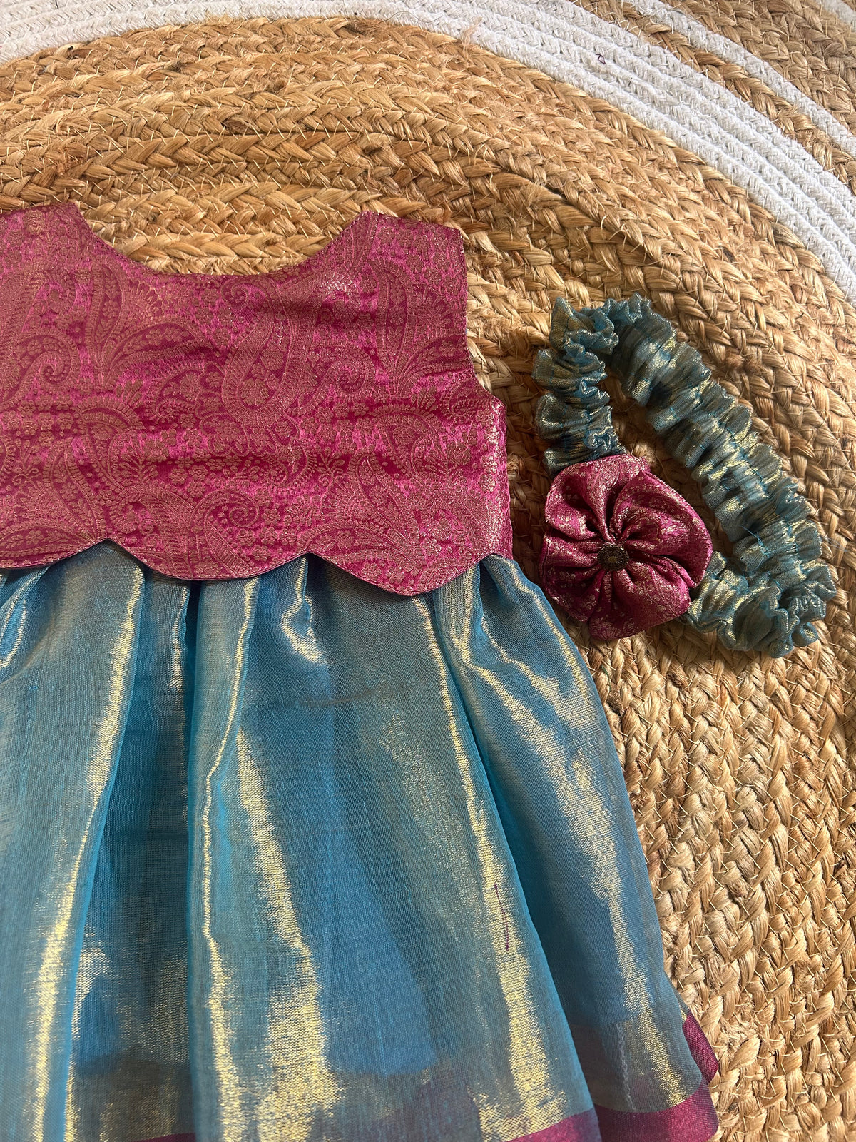 Aqua Blue with Pink Scalloped Gown Ethnic Wear for Baby Girl – Birthday frock for Baby Girl