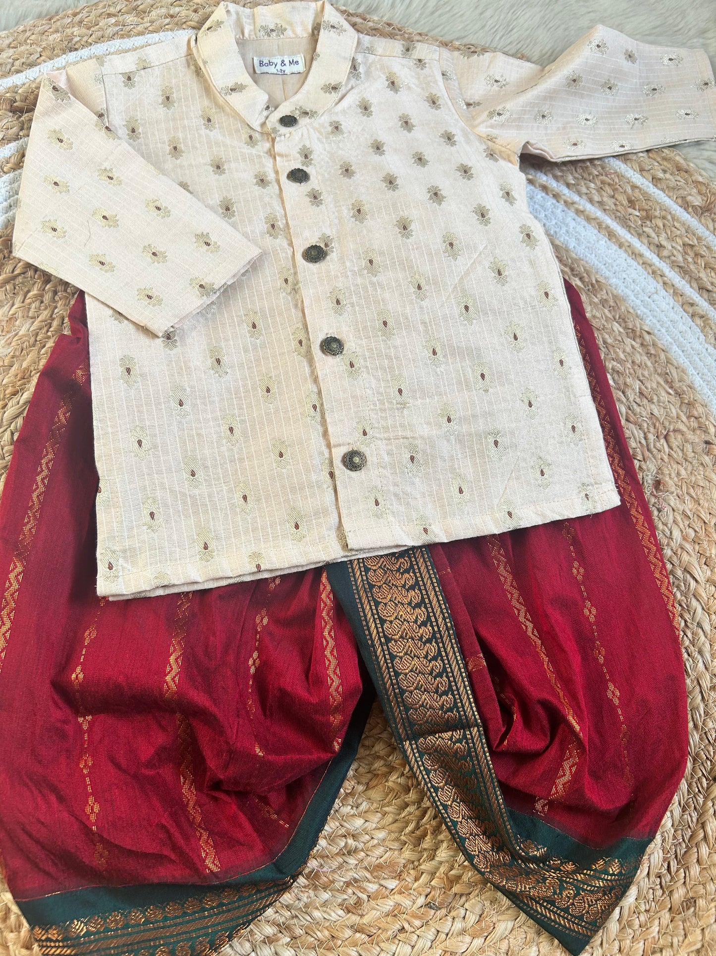 Peach banarasi chanderi and red with bottle green Dhoti for Boys – Traditional Ethnic Wear for Baby Boy