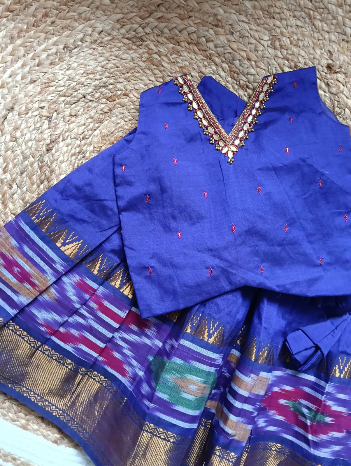 Pochampally border purple kanchi silk cotton sleeveless heritage langa blouse for baby girl
