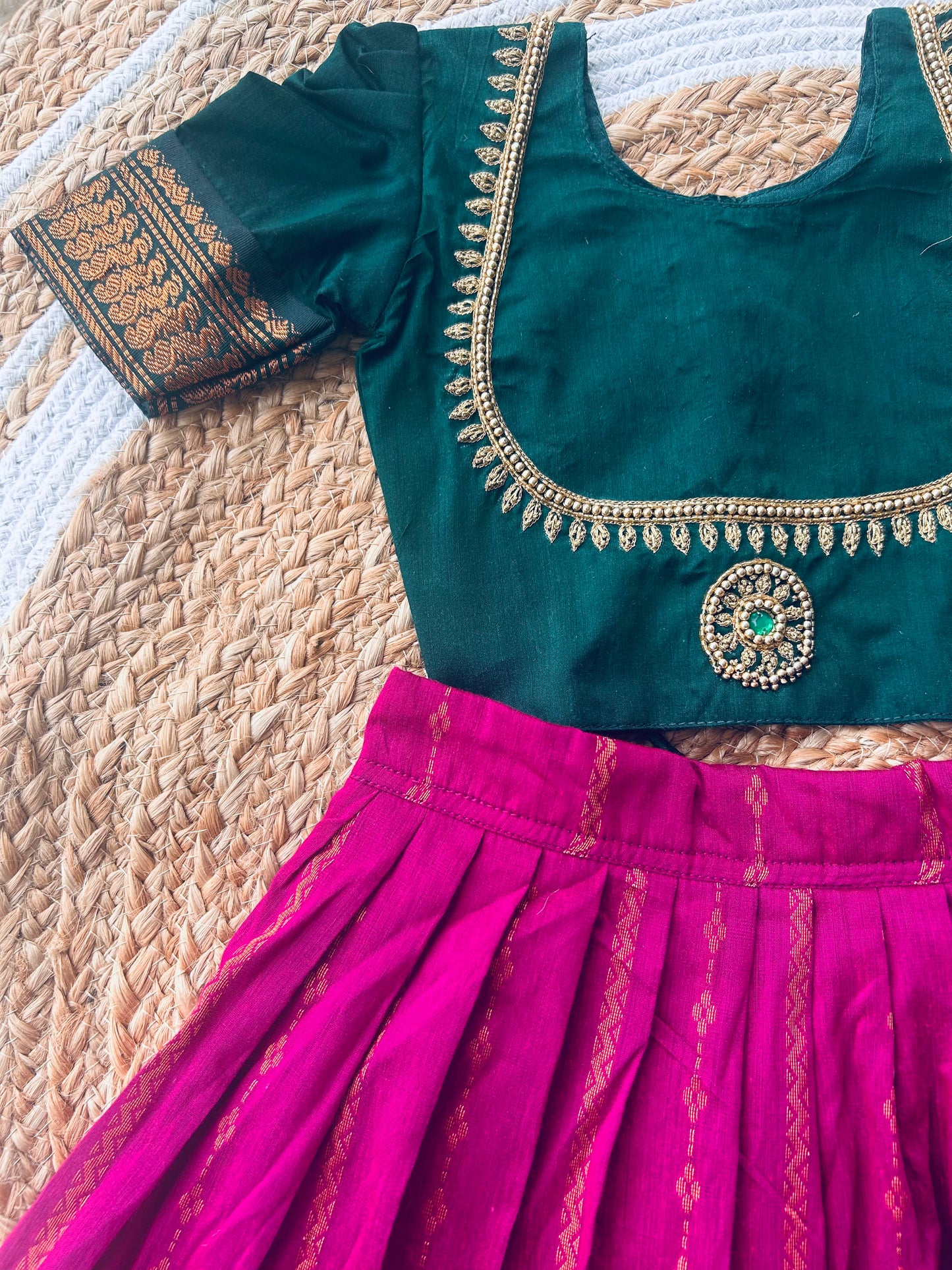 Little Lakshmi Traditional pavadai pure cotton with zari weaving and hand embroidery langa blouse set for baby girl
